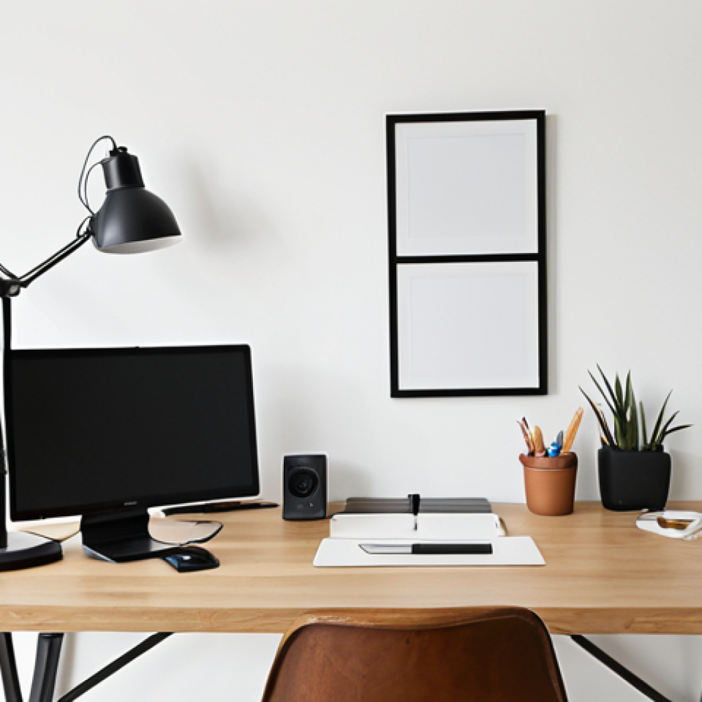**Image:** A minimalist workspace. **Prompt:** Clean desk, minimal objects, white background, focus on single task, promoting calm, digital minimalism concept, Thai home.