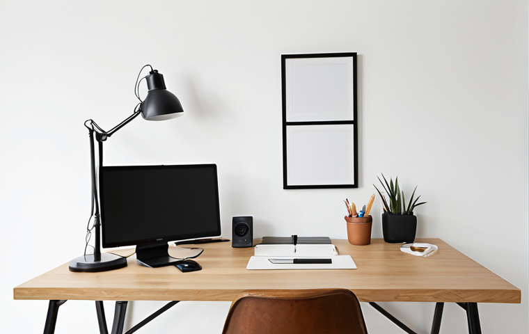 **Image:** A minimalist workspace. **Prompt:** Clean desk, minimal objects, white background, focus on single task, promoting calm, digital minimalism concept, Thai home.